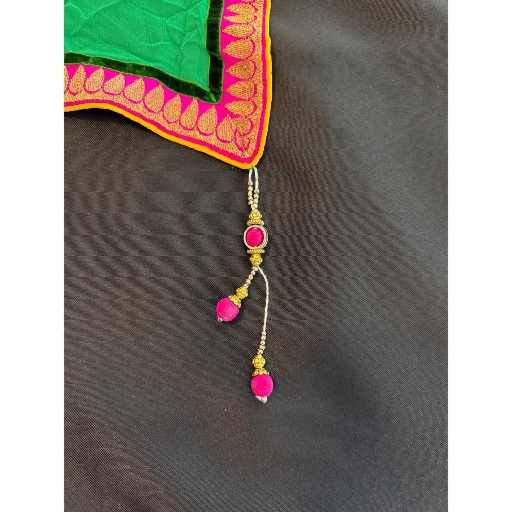 Green Dupatta Scarf Pink Gold Embroidered Border Tassels Traditional Ethnic Wear